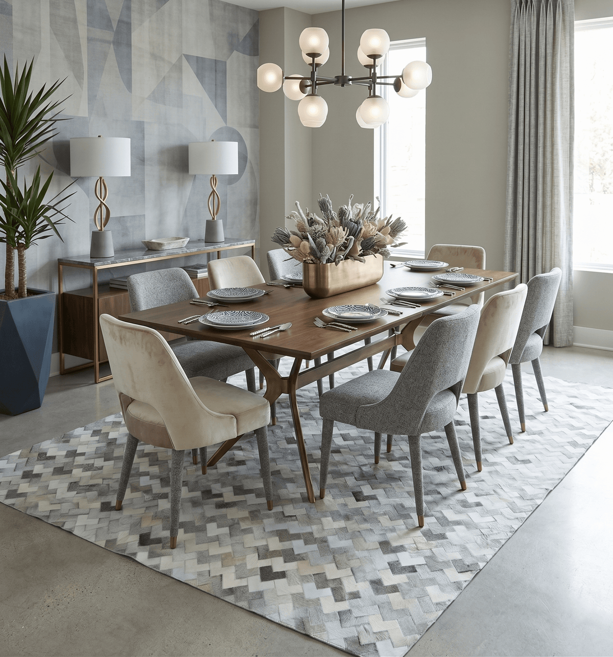 Custom Made Ivory and Gray Modern Geometrical Leather Rug.
