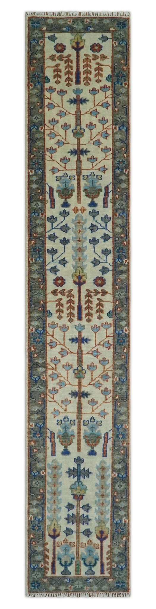 Custom Made Ivory And Gray Tree of life Hand Knotted Runner Rug.
