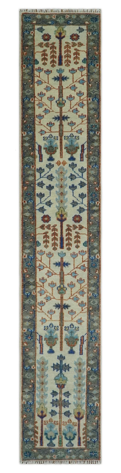 Custom Made Ivory And Gray Tree of life Hand Knotted Runner Rug.