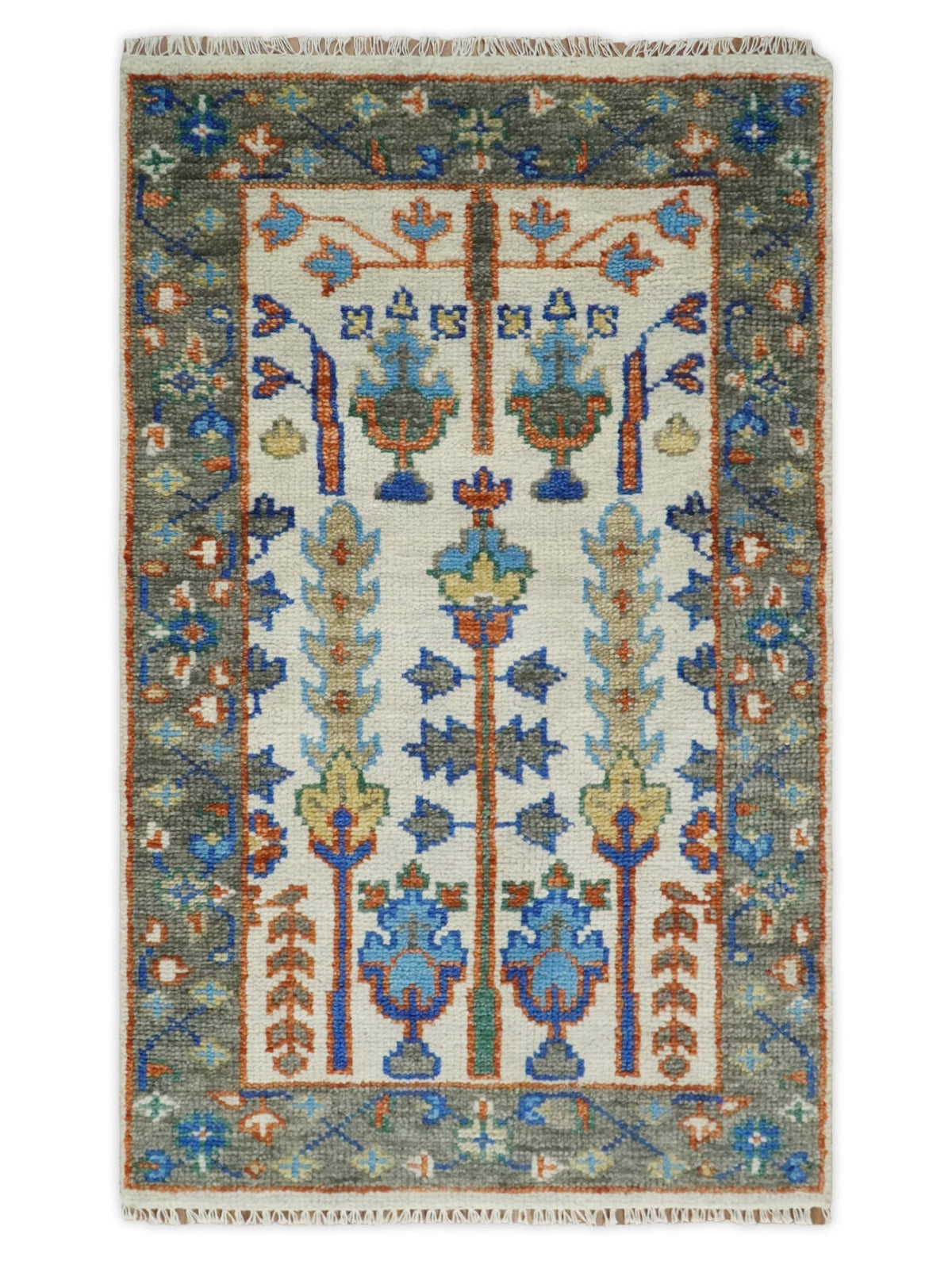 Custom Made Ivory And Gray Tree of life Hand Knotted Runner Rug.