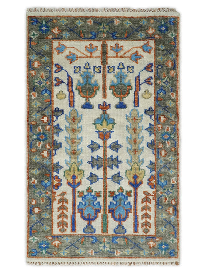 Custom Made Ivory And Gray Tree of life Hand Knotted Runner Rug.