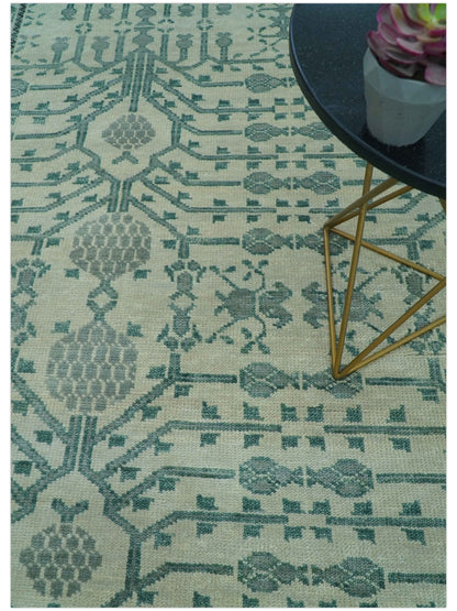 Custom Made Ivory And Gray Turkish Khotan Design Hand Knotted Wool Rug.