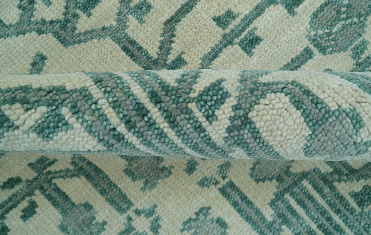 Custom Made Ivory And Gray Turkish Khotan Design Hand Knotted Wool Rug.
