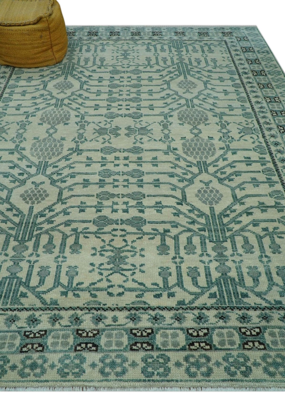 Custom Made Ivory And Gray Turkish Khotan Design Hand Knotted Wool Rug.