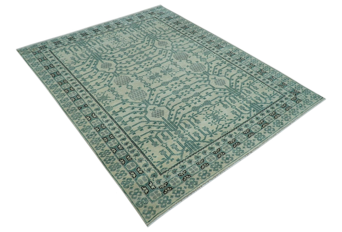Custom Made Ivory And Gray Turkish Khotan Design Hand Knotted Wool Rug.