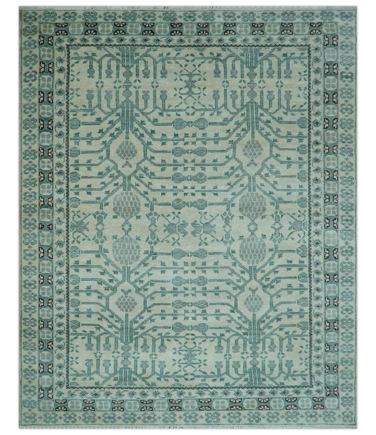 Custom Made Ivory And Gray Turkish Khotan Design Hand Knotted Wool Rug.