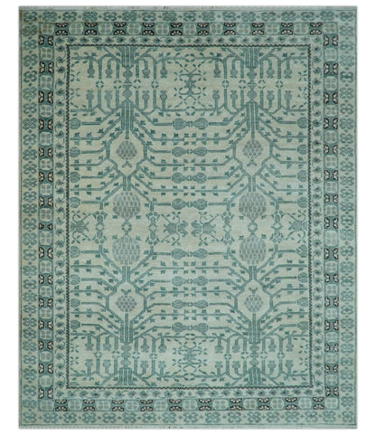 Custom Made Ivory And Gray Turkish Khotan Design Hand Knotted Wool Rug.