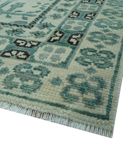 Custom Made Ivory And Gray Turkish Khotan Design Hand Knotted Wool Rug.