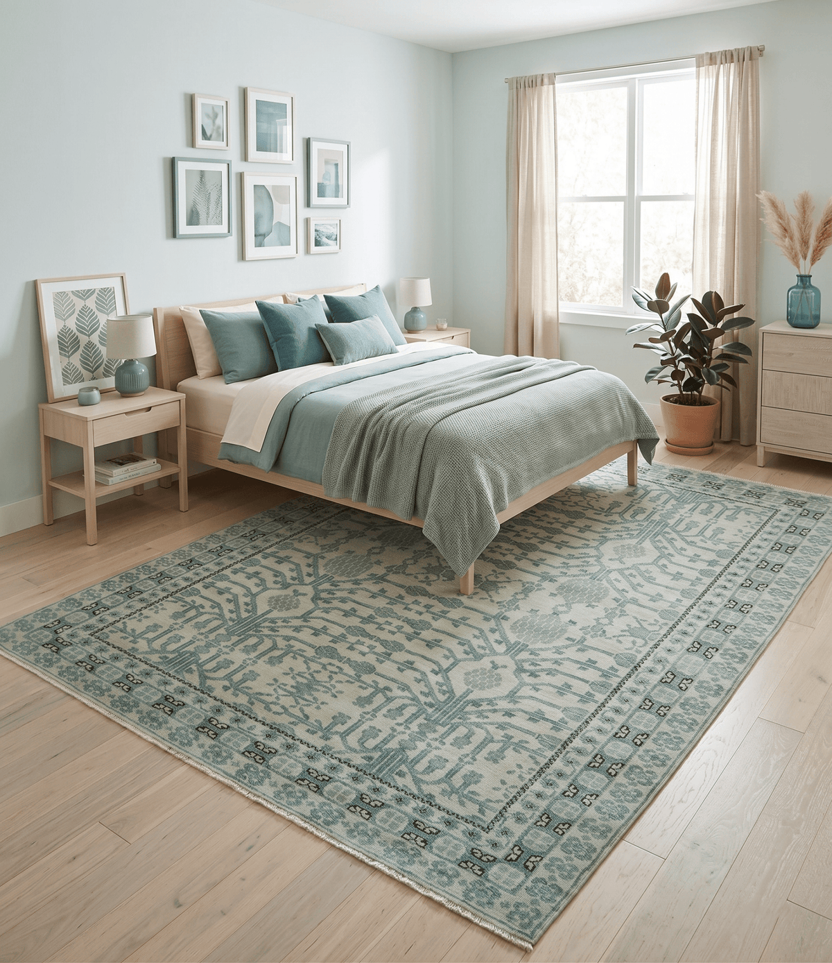 Custom Made Ivory And Gray Turkish Khotan Design Hand Knotted Wool Rug.