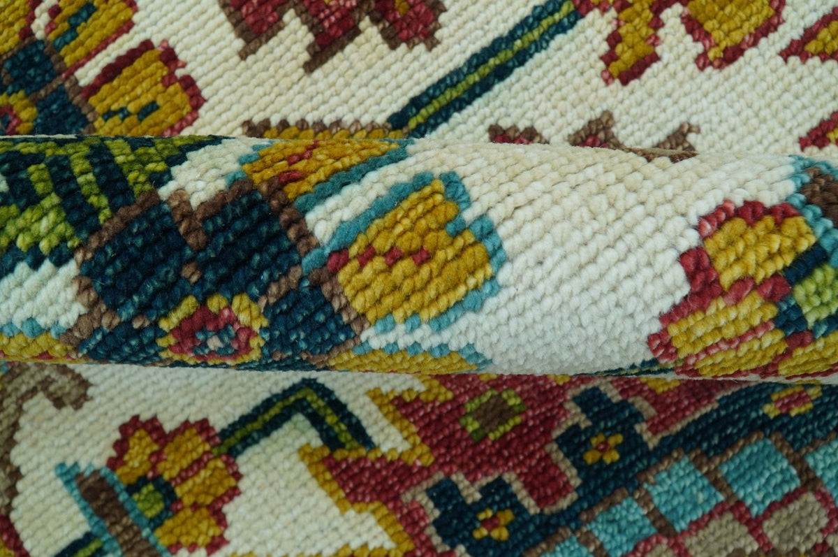 Custom Made Ivory And Maroon Traditional Floral Motifs Design Hand Knotted Wool Rug.