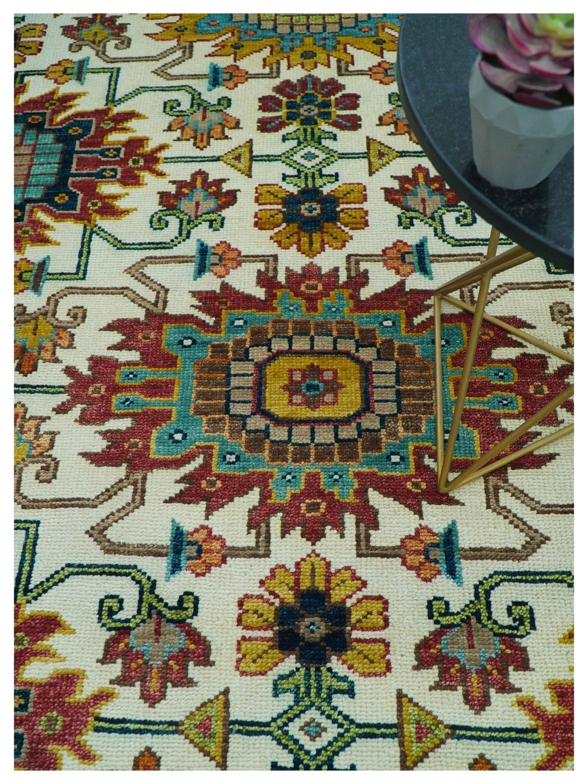 Custom Made Ivory And Maroon Traditional Floral Motifs Design Hand Knotted Wool Rug.