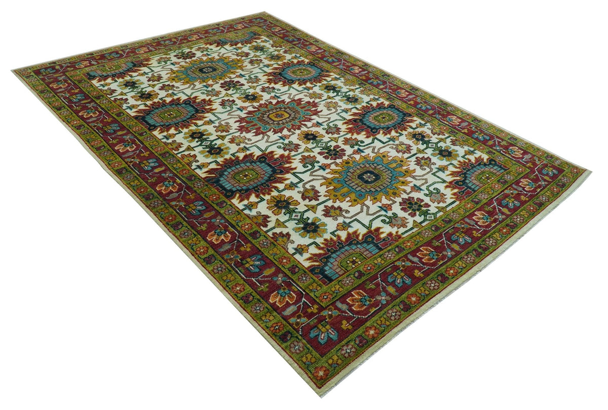 Custom Made Ivory And Maroon Traditional Floral Motifs Design Hand Knotted Wool Rug.
