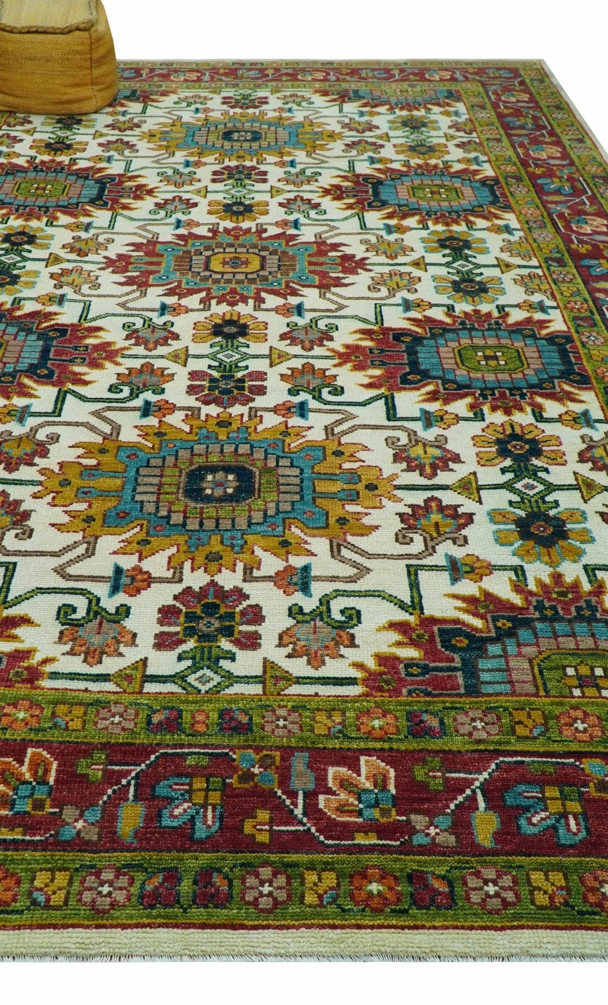 Custom Made Ivory And Maroon Traditional Floral Motifs Design Hand Knotted Wool Rug.