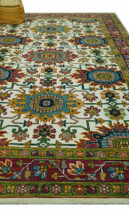 Custom Made Ivory And Maroon Traditional Floral Motifs Design Hand Knotted Wool Rug.