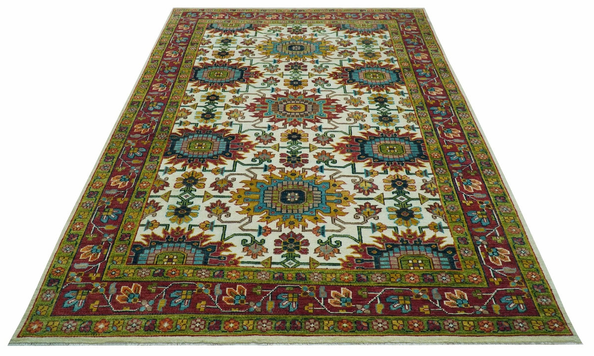 Custom Made Ivory And Maroon Traditional Floral Motifs Design Hand Knotted Wool Rug.