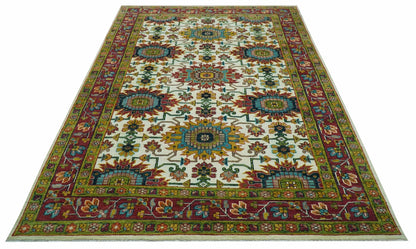 Custom Made Ivory And Maroon Traditional Floral Motifs Design Hand Knotted Wool Rug.