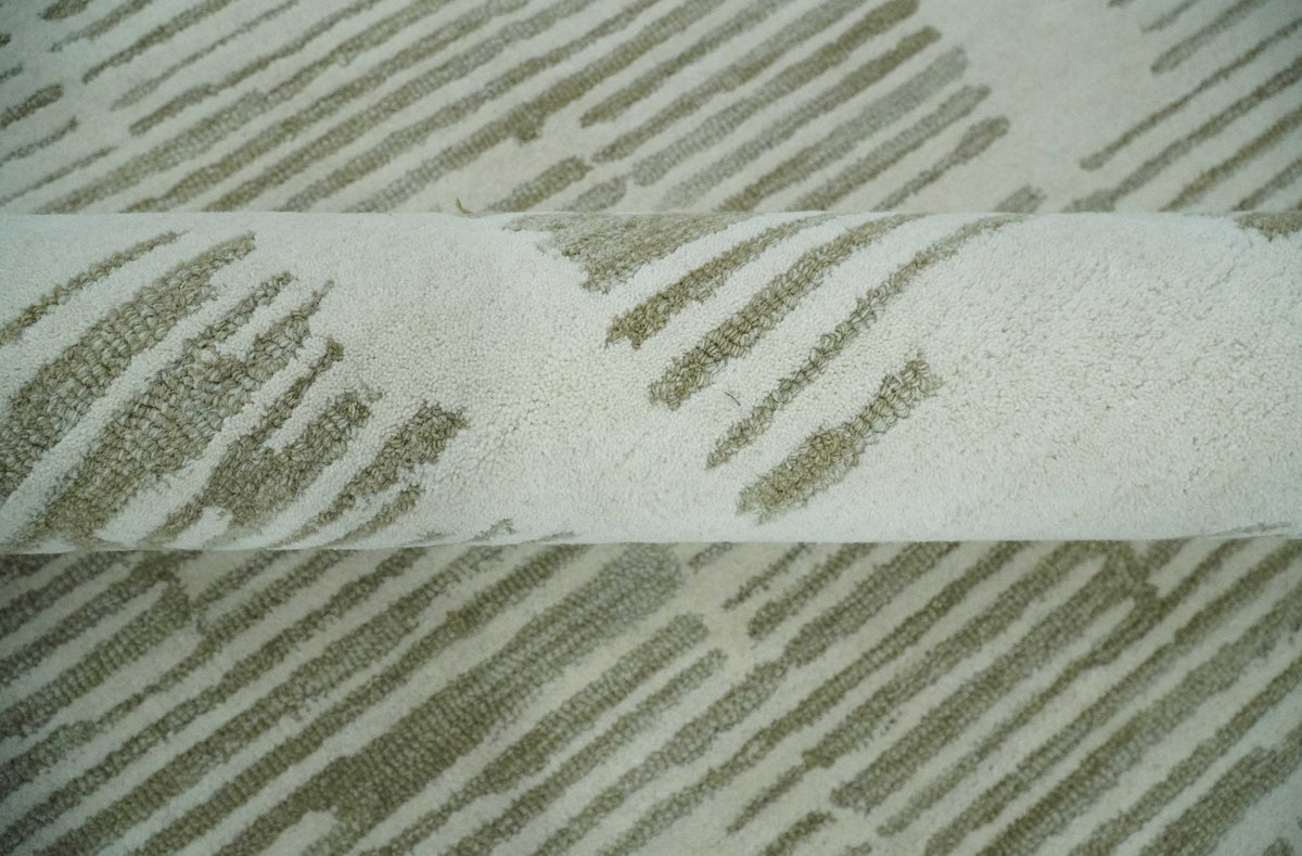 Custom Made Ivory and Olive Modern Design Hand Tufted Wool Rug.