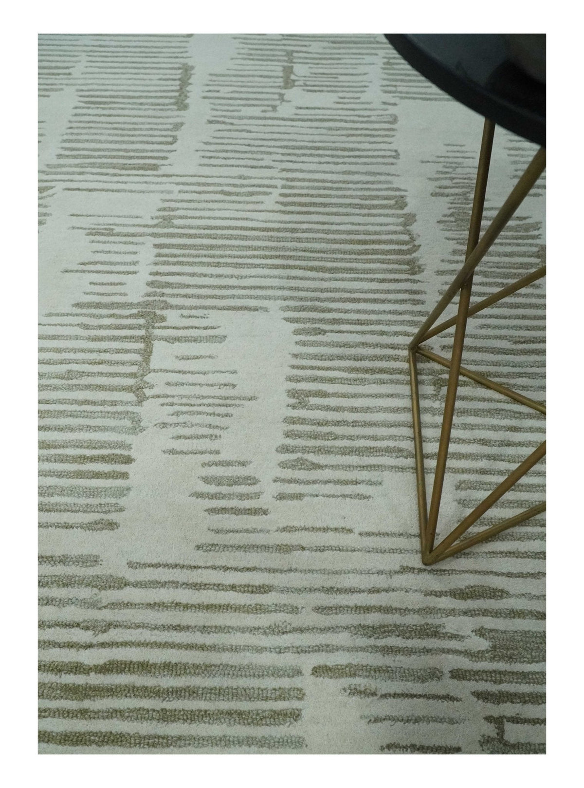 Custom Made Ivory and Olive Modern Design Hand Tufted Wool Rug.