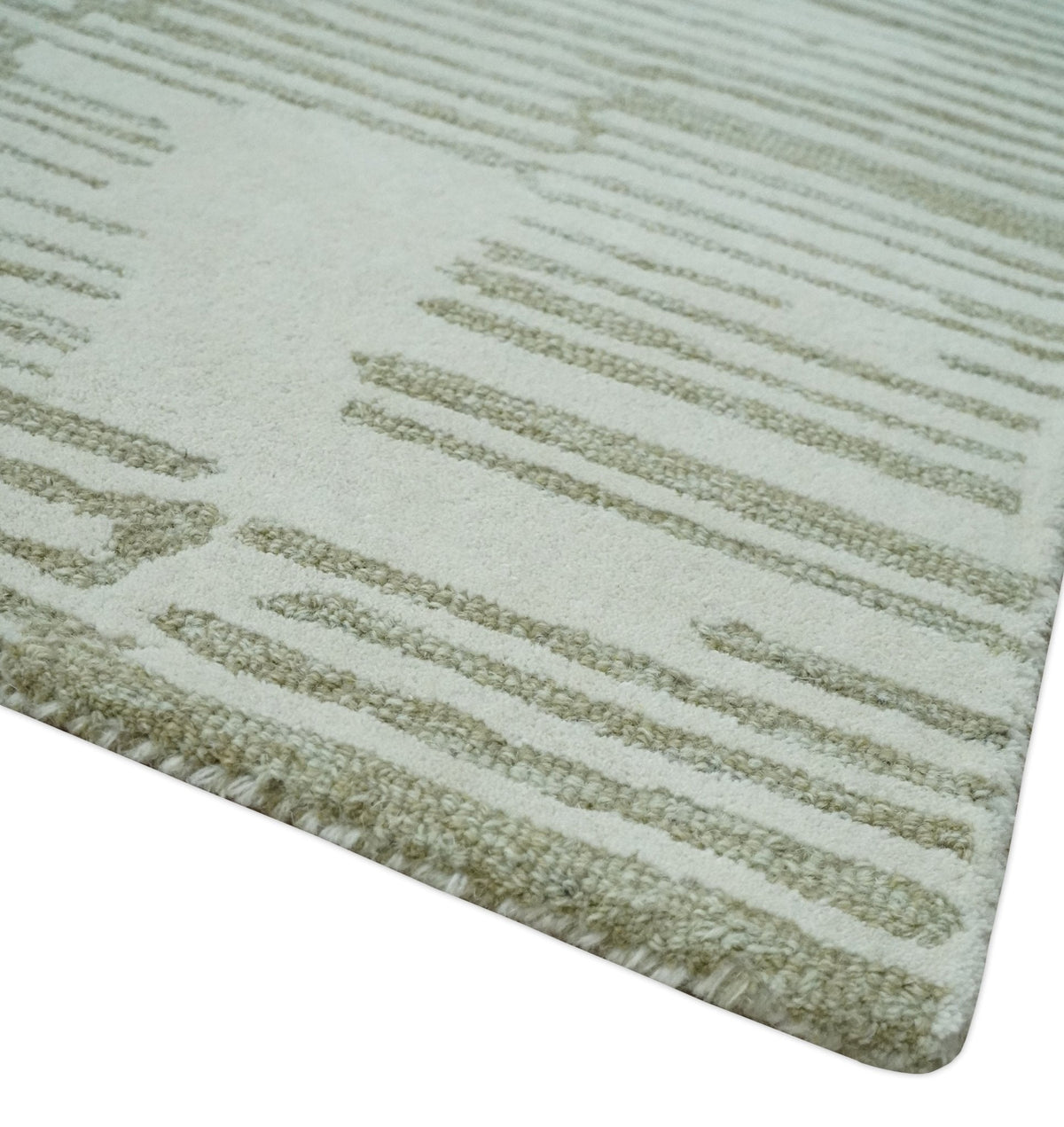 Custom Made Ivory and Olive Modern Design Hand Tufted Wool Rug.