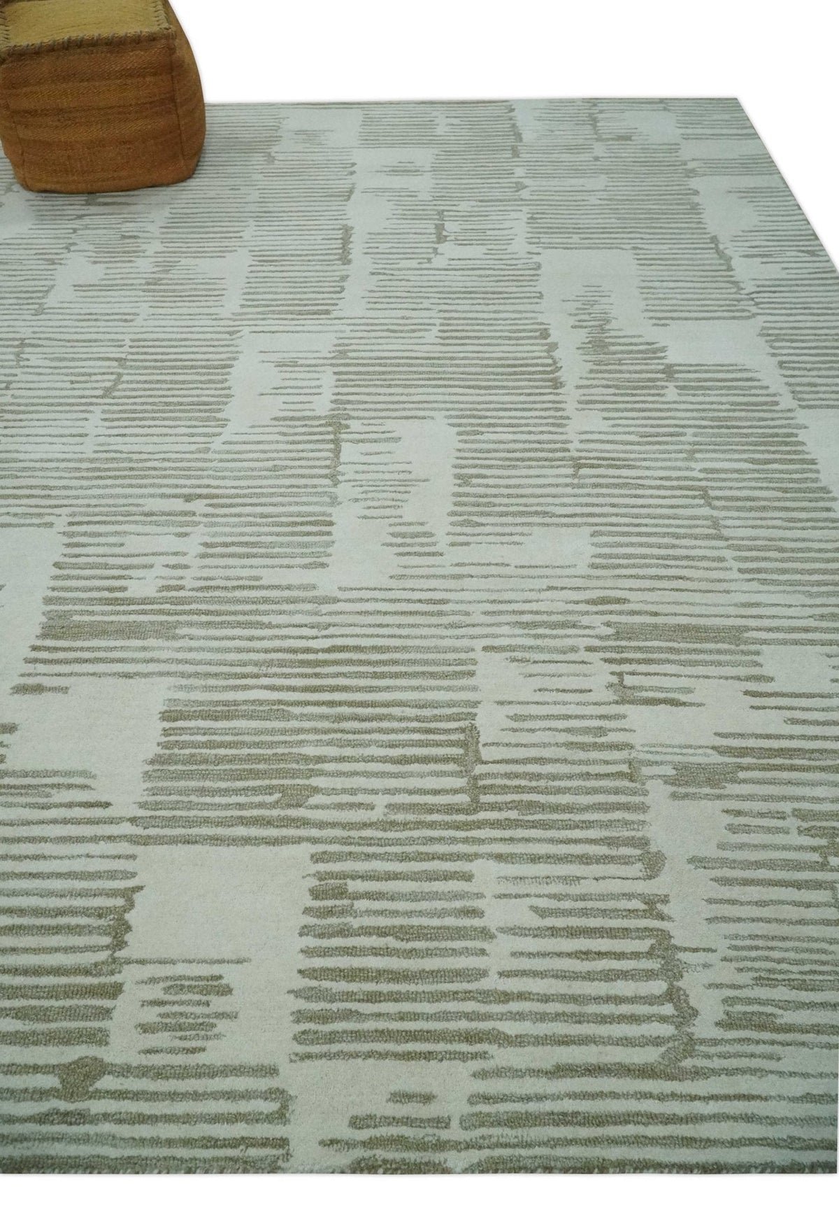 Custom Made Ivory and Olive Modern Design Hand Tufted Wool Rug.