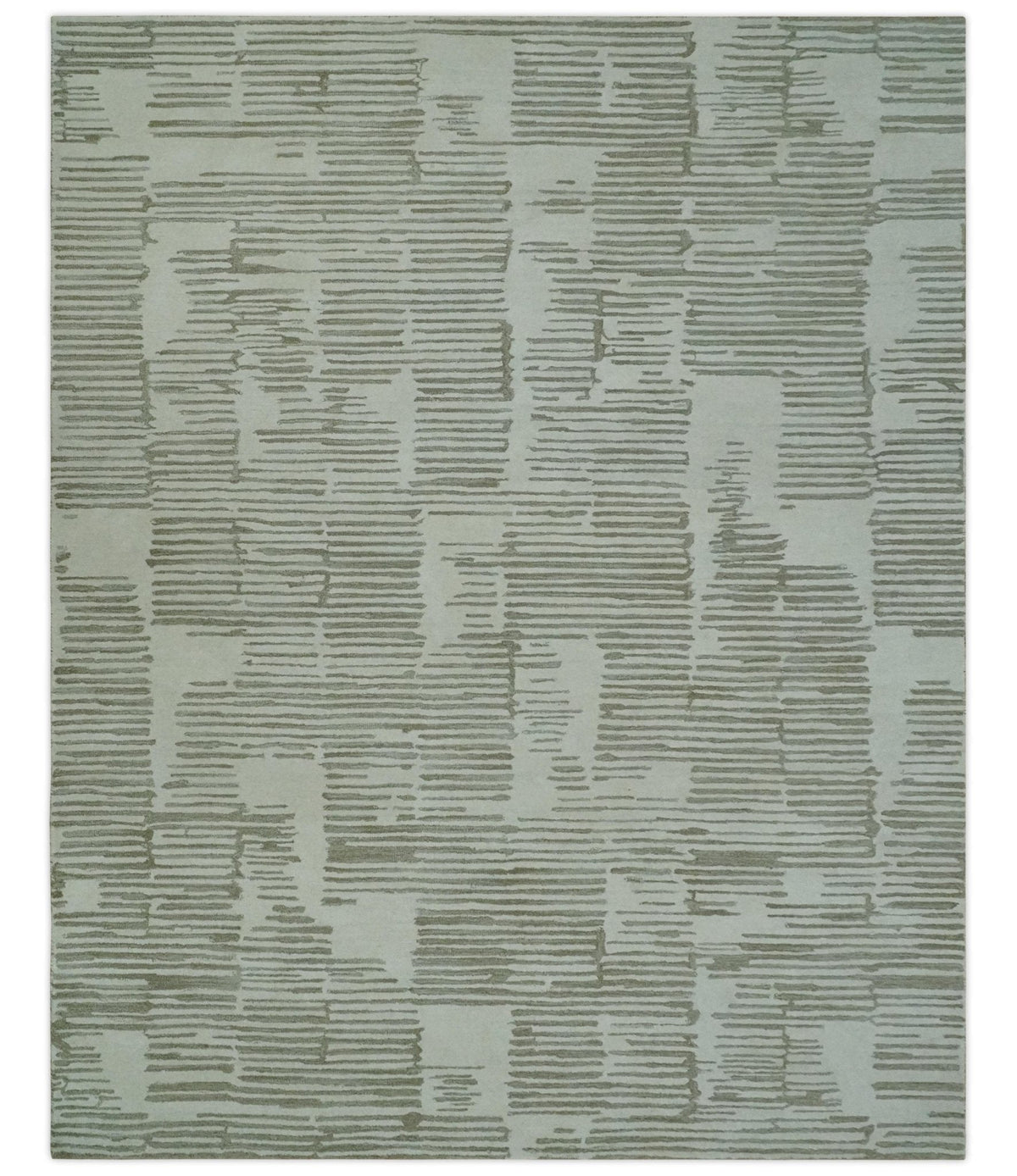 Custom Made Ivory and Olive Modern Design Hand Tufted Wool Rug.