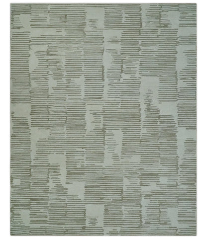 Custom Made Ivory and Olive Modern Design Hand Tufted Wool Rug.