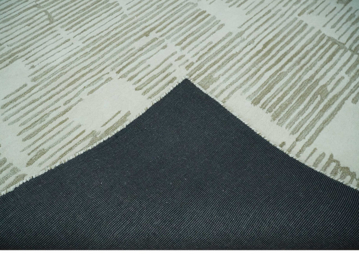 Custom Made Ivory and Olive Modern Design Hand Tufted Wool Rug.