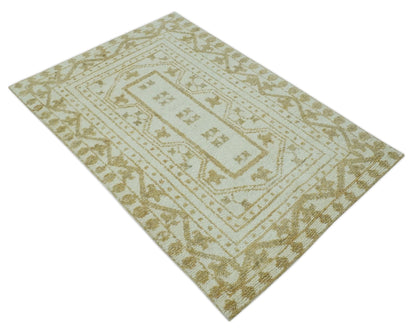 Custom Made Ivory and Olive Traditional Hand Knotted wool Area Rug.