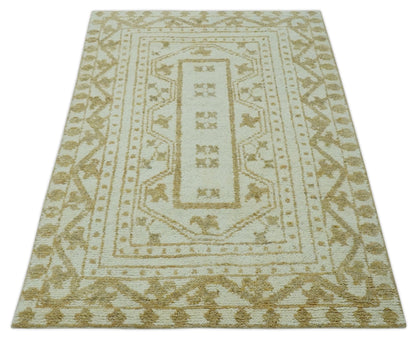 Custom Made Ivory and Olive Traditional Hand Knotted wool Area Rug.