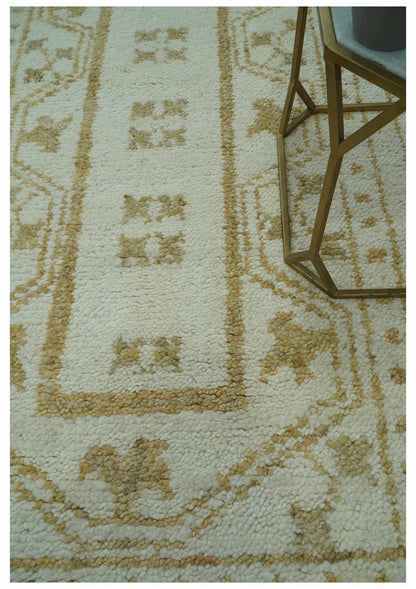 Custom Made Ivory and Olive Traditional Hand Knotted wool Area Rug.