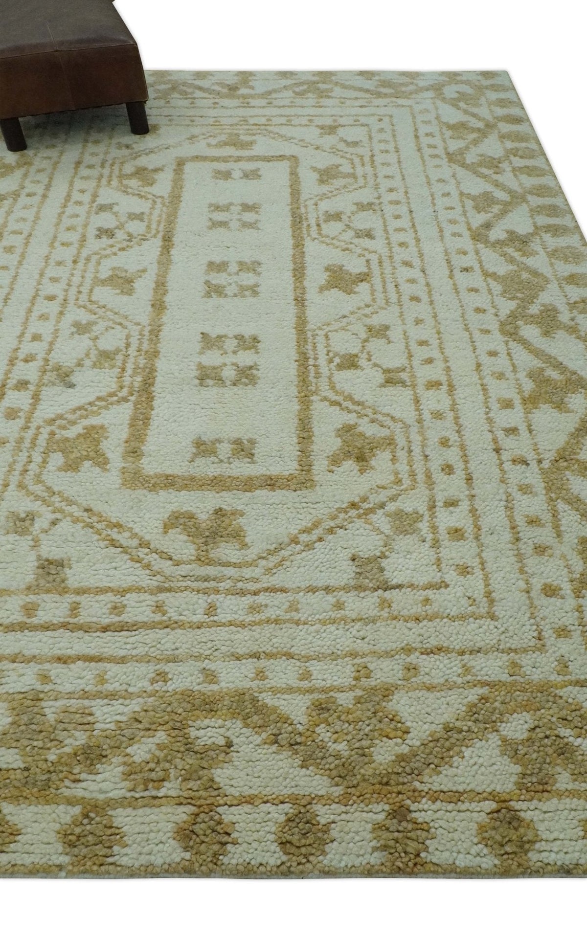 Custom Made Ivory and Olive Traditional Hand Knotted wool Area Rug.