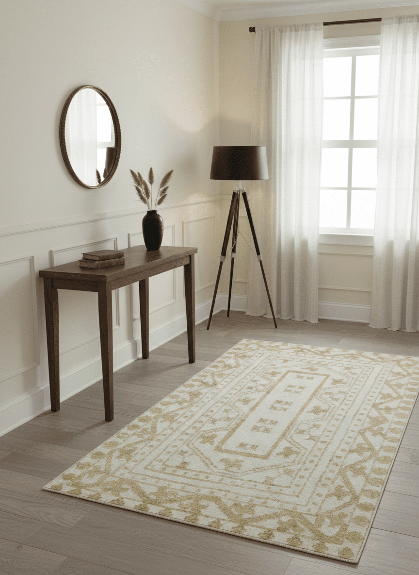 Custom Made Ivory and Olive Traditional Hand Knotted wool Area Rug.