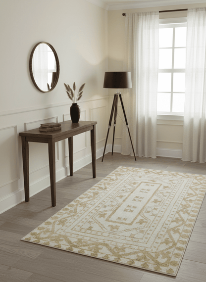 Custom Made Ivory and Olive Traditional Hand Knotted wool Area Rug.