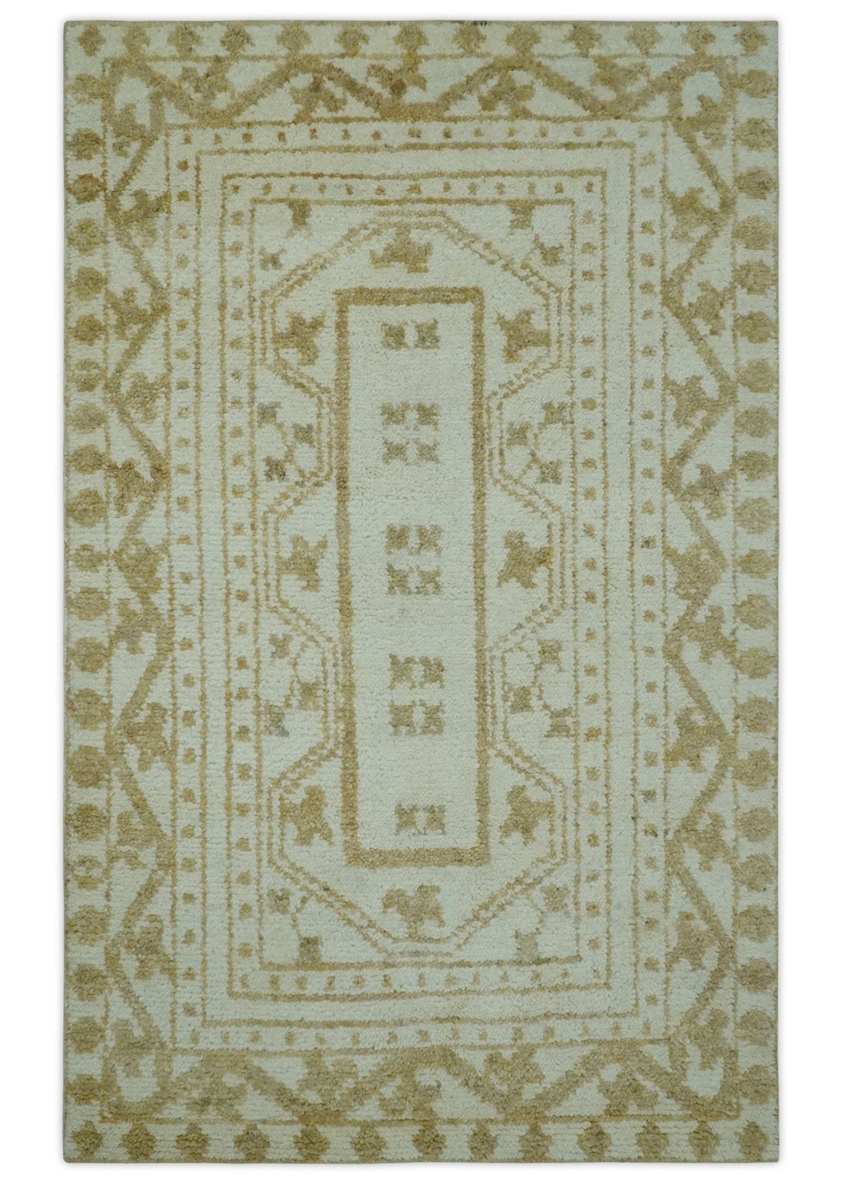 Custom Made Ivory and Olive Traditional Hand Knotted wool Area Rug.