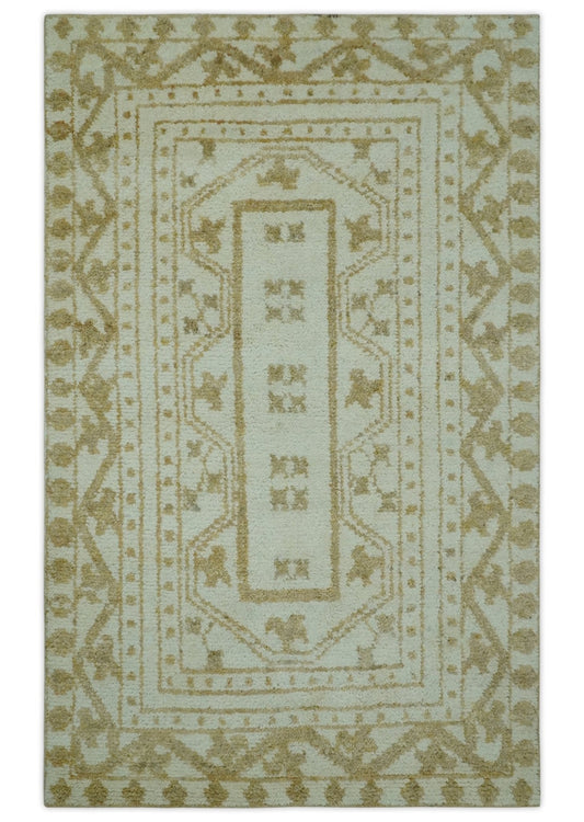 Custom Made Ivory and Olive Traditional Hand Knotted wool Area Rug.