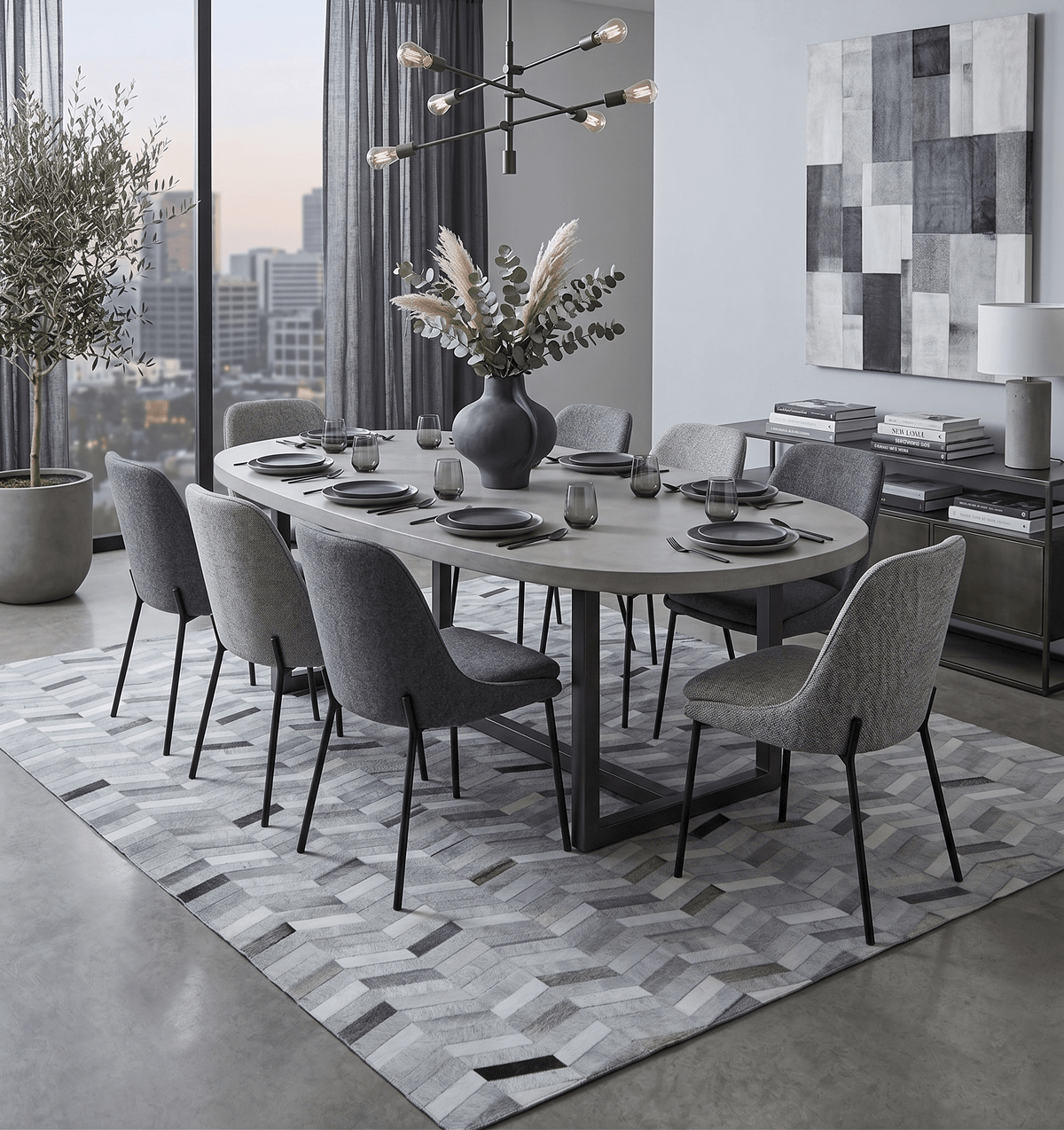 Custom Made Ivory and Silver Geometrical Handmade Leather Rug.