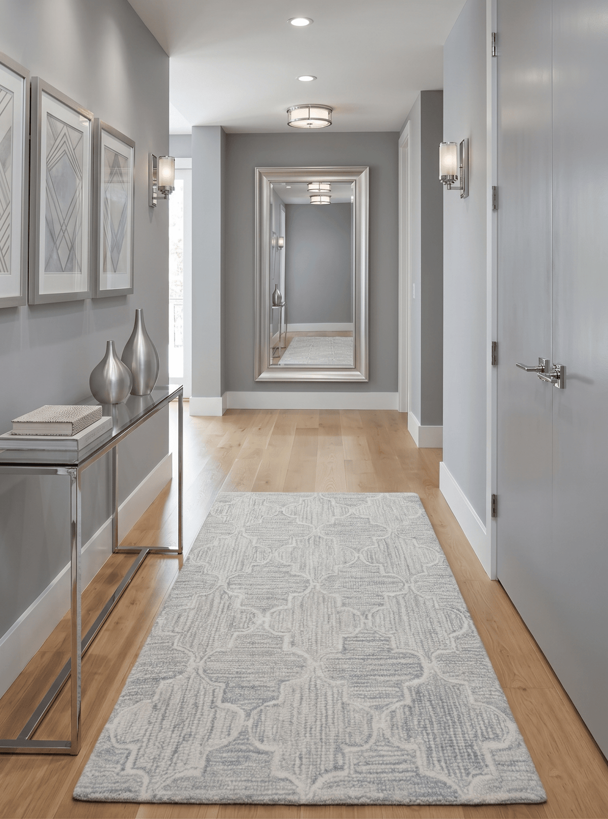 Custom Made Ivory and Silver Modern Geometric Hand Tufted Wool Area Rug.