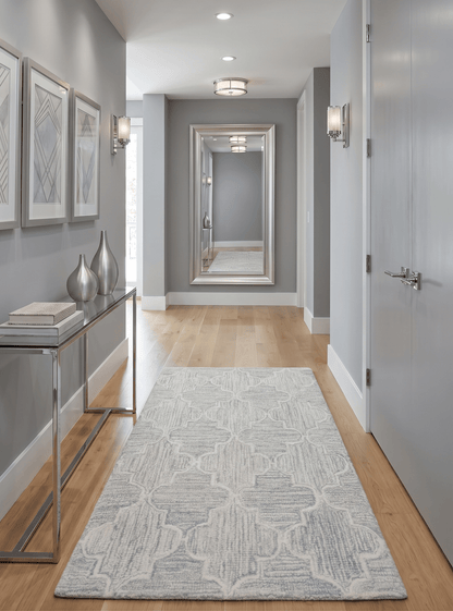 Custom Made Ivory and Silver Modern Geometric Hand Tufted Wool Area Rug.