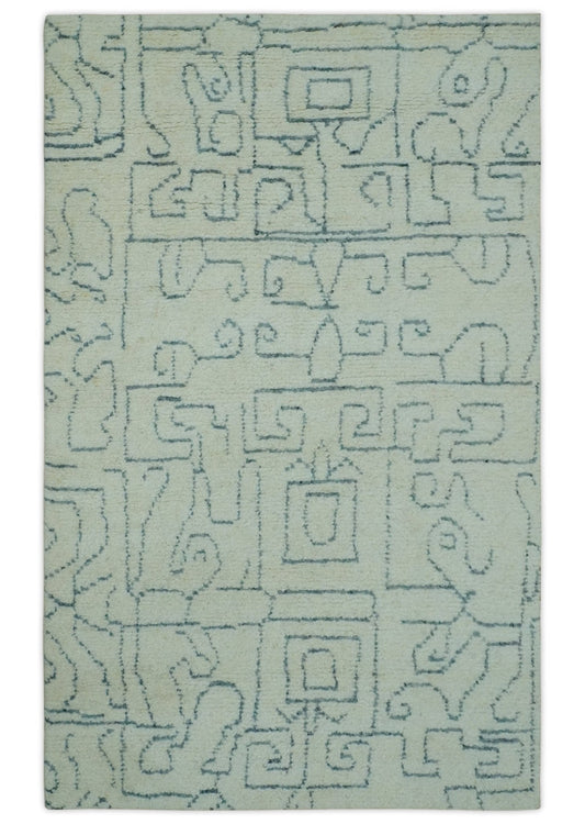 Custom Made Ivory, Beige and Gray Maze Design Hand knotted wool Area Rug.