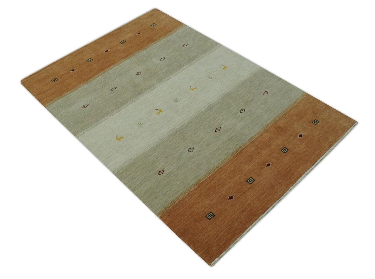 Custom Made Ivory, Beige and Rust Geometrical stripes Design Hand loom Wool Area Rug.