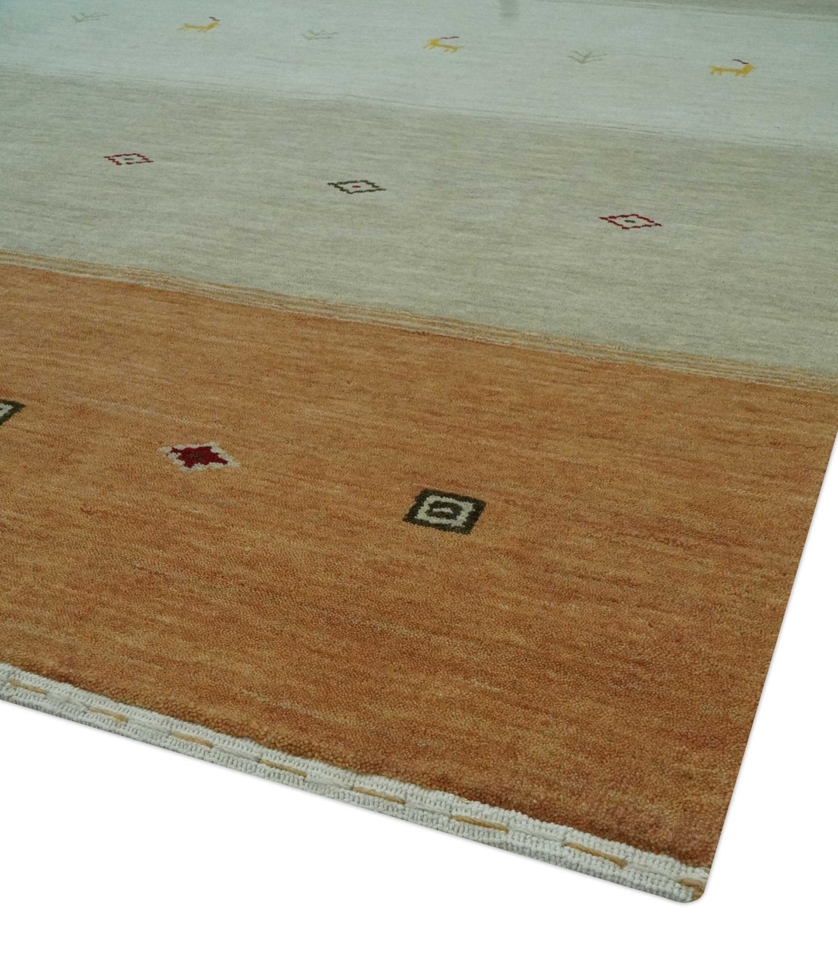 Custom Made Ivory, Beige and Rust Geometrical stripes Design Hand loom Wool Area Rug.