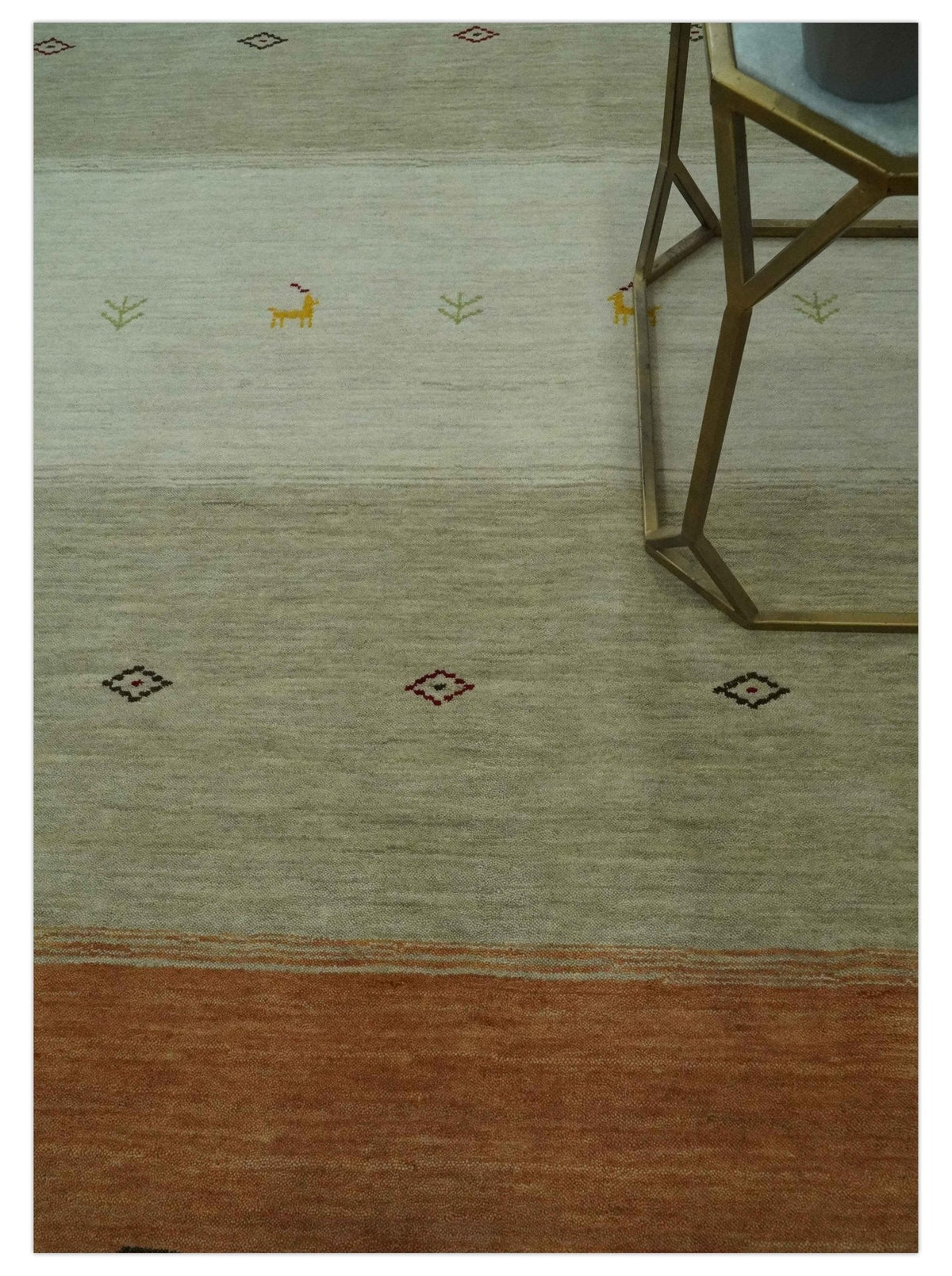 Custom Made Ivory, Beige and Rust Geometrical stripes Design Hand loom Wool Area Rug.