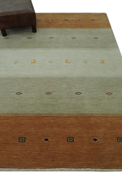 Custom Made Ivory, Beige and Rust Geometrical stripes Design Hand loom Wool Area Rug.