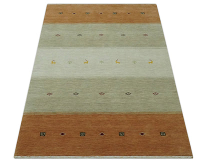 Custom Made Ivory, Beige and Rust Geometrical stripes Design Hand loom Wool Area Rug.