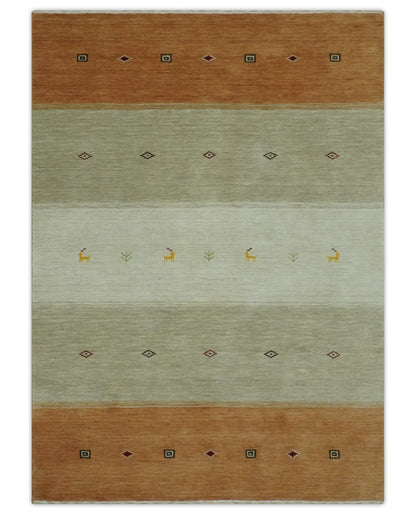 Custom Made Ivory, Beige and Rust Geometrical stripes Design Hand loom Wool Area Rug.