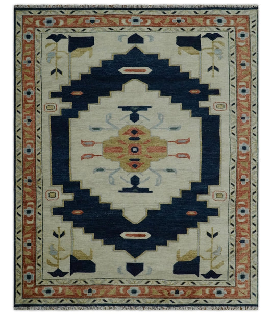 Custom Made Ivory, Blue, Beige and Rust Hand Knotted Traditional Heriz Wool Area Rug.