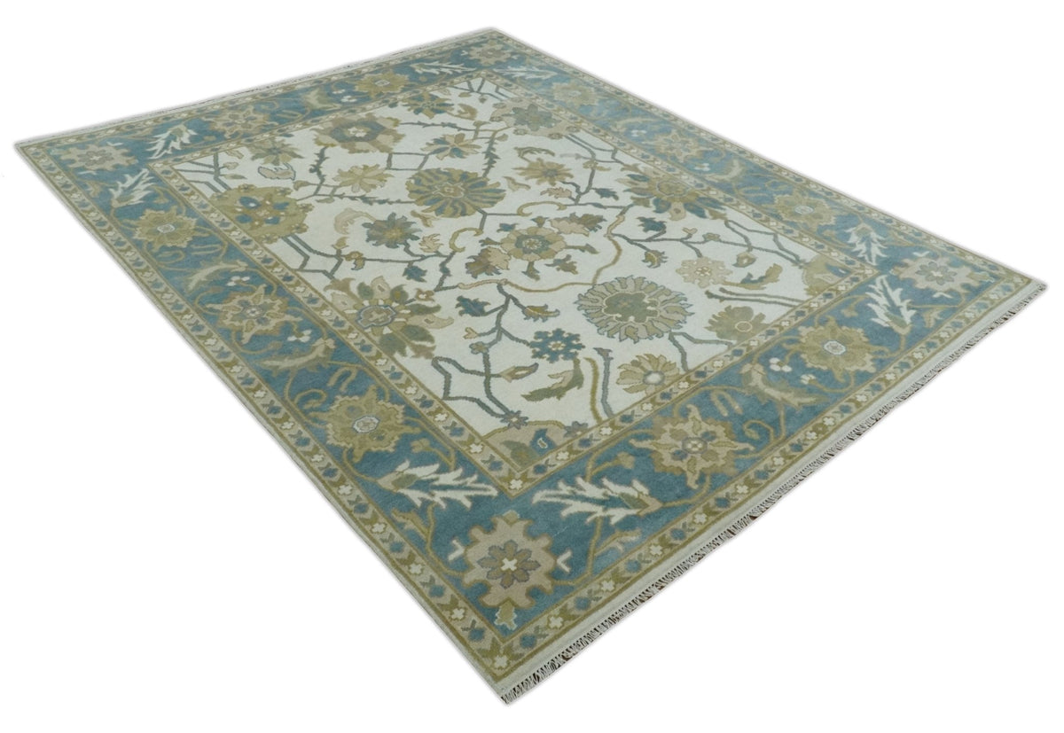 Custom Made Ivory, Gray and Beige Floral Hand Knotted Traditional Oushak Wool Rug.