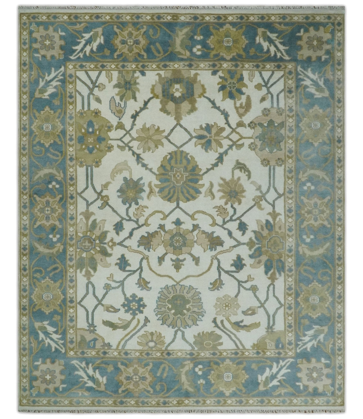 Custom Made Ivory, Gray and Beige Floral Hand Knotted Traditional Oushak Wool Rug.
