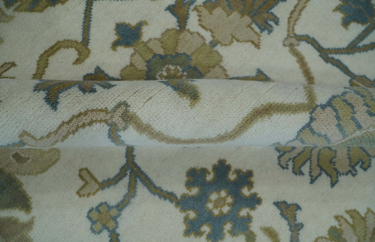 Custom Made Ivory, Gray and Beige Floral Hand Knotted Traditional Oushak Wool Rug.