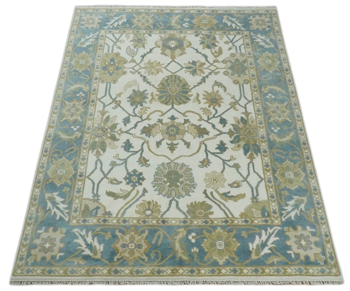 Custom Made Ivory, Gray and Beige Floral Hand Knotted Traditional Oushak Wool Rug.